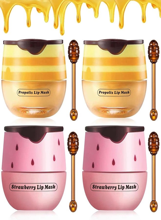 Alisesun 4PCS Strawberry & Bee Lip Balm Honey Pot, Vitamin E & Moisturizing Propolis Sleeping Lip Mask, Effective Reduces Lip Lines Prevention Dry and Cracked Scrubs Exfoliator Smoothing Dry Lip Care - Image 1
